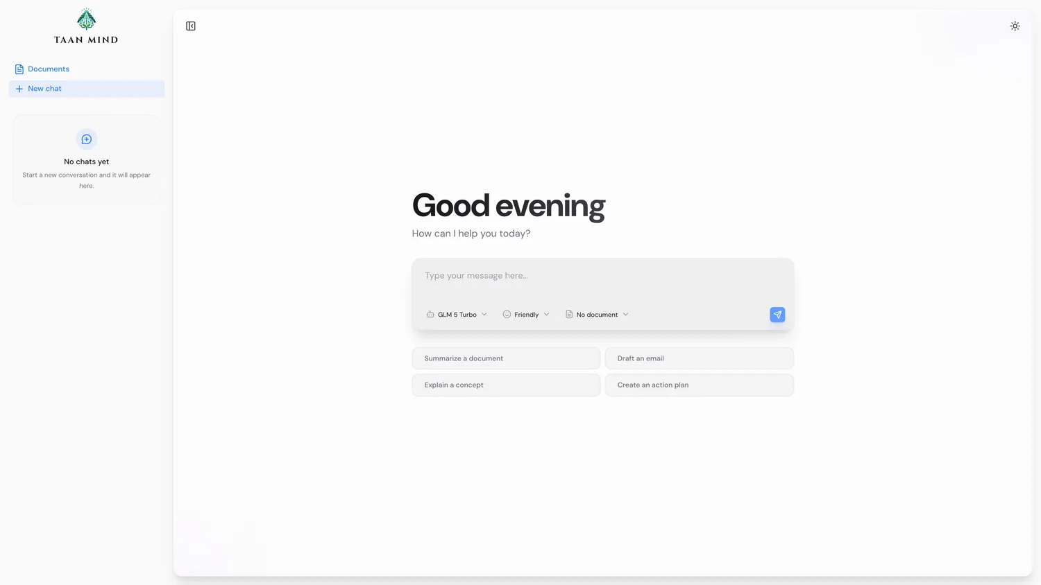 Taan Mind AI chat workspace preview